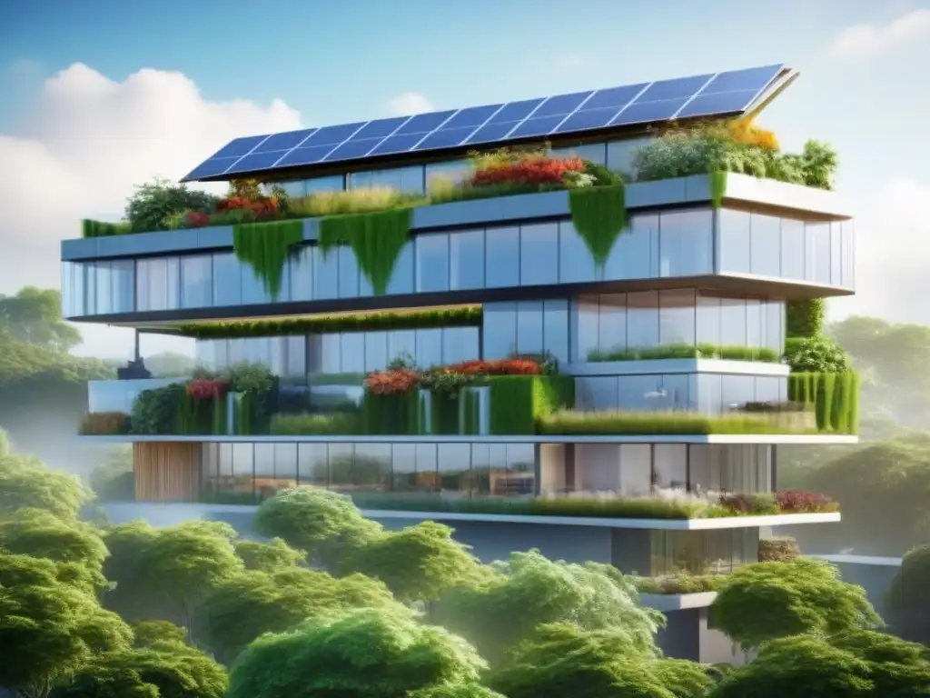 Complejo sostenible: arquitectura verde innovadora Inversiones inmobiliarias en edificios verdes: diseño futurista con paneles solares, jardines verticales y sistemas de reciclaje de agua