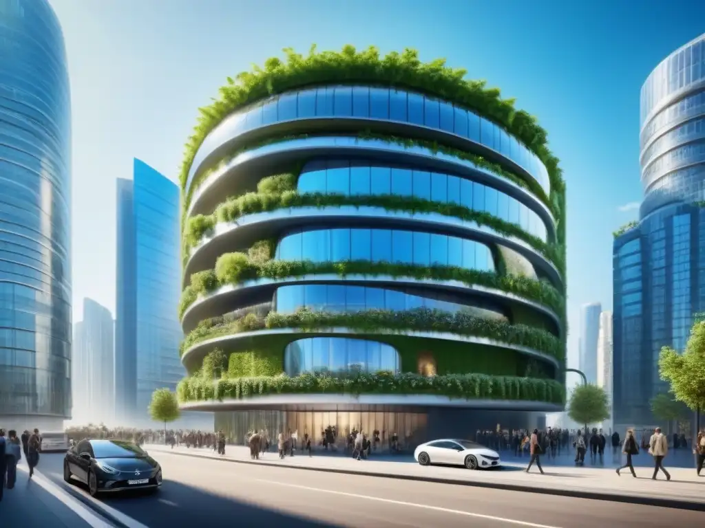 Edificio verde futurista: innovación ecoamigable Inversiones inmobiliarias en edificios verdes: Edificio futurista con jardines verticales y paneles solares en una ciudad ecoamigable