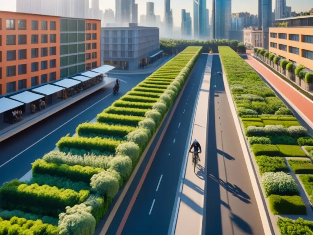 Metrópolis Futurista: Torres Verdes en Armonía Inversiones inmobiliarias en edificios verdes: Ciudad futurista con rascacielos cubiertos de vegetación bajo la luz del atardecer