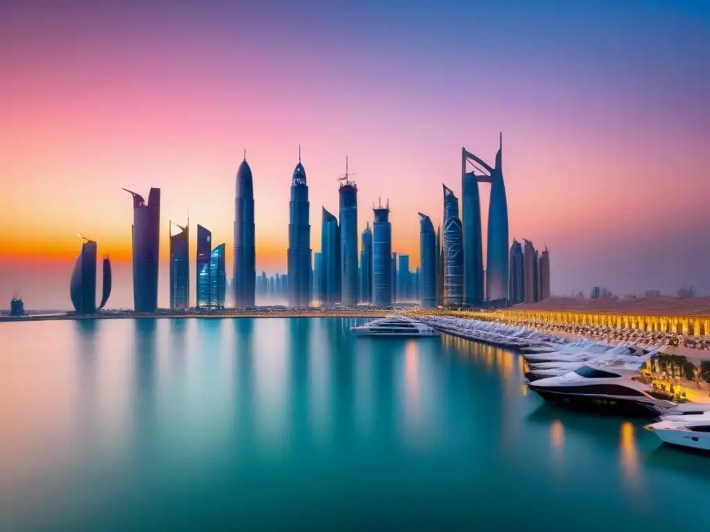 Horizonte futurista de Doha al atardecer, con Burj Khalifa al fondo Inversiones inmobiliarias en Qatar y Emiratos: El horizonte futurista de Doha al atardecer, con rascacielos iluminados y el Burj Khalifa al fondo