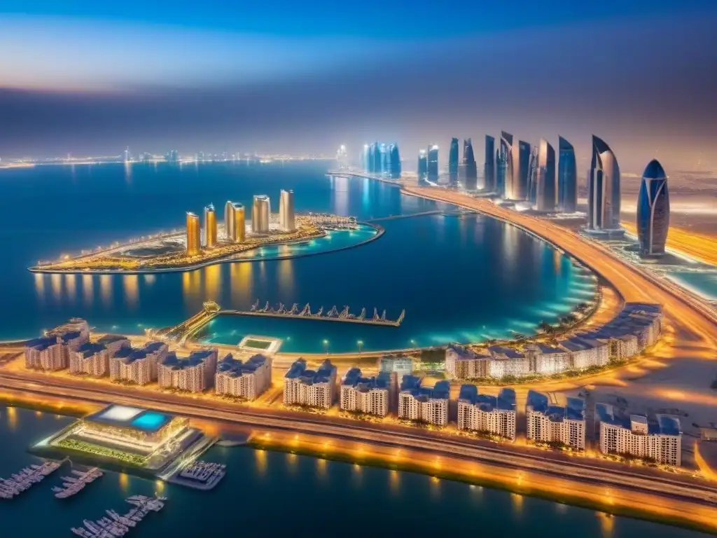 Horizonte futurista de Doha, Qatar: rascacielos y lujo Inversiones inmobiliarias en Qatar y Emiratos: Skyline futurista de Doha con rascacielos y lujo urbano bajo cielo azul