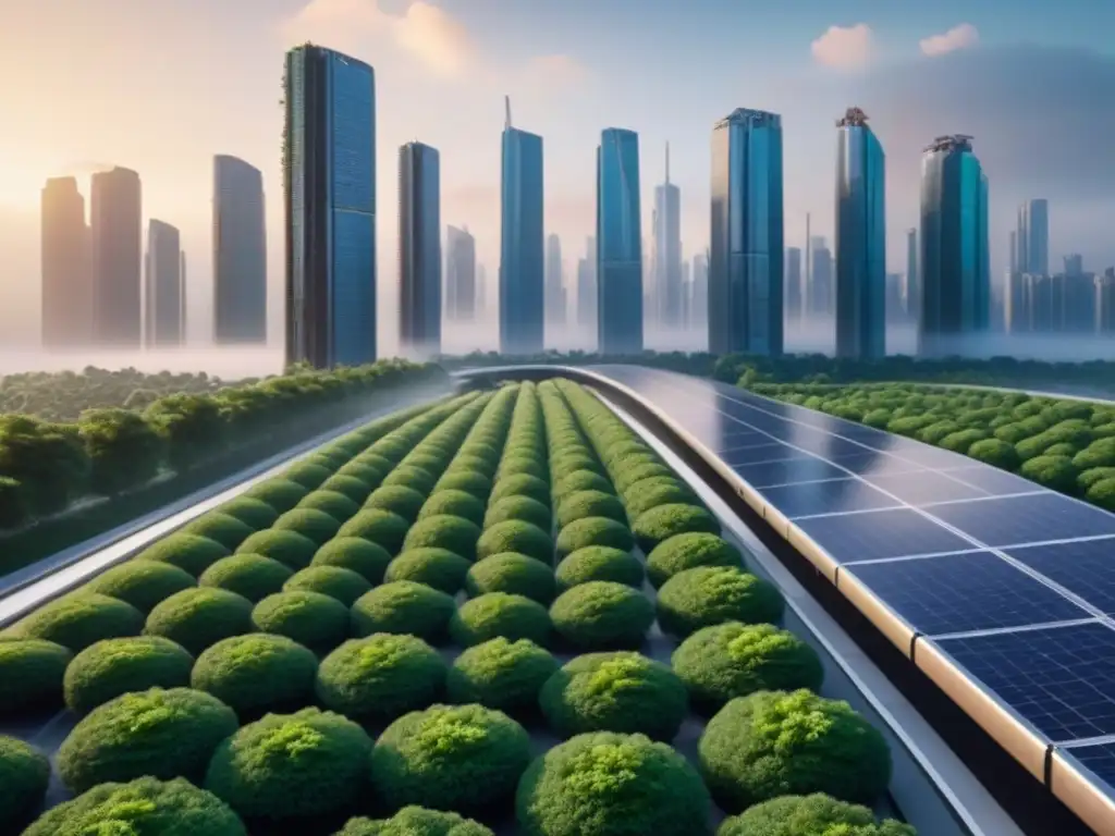 Metrópolis futurista: arquitectura sostenible y naturaleza en armonía Inversiones inmobiliarias en entorno inflacionario: Ciudad futurista con rascacielos innovadores y naturaleza exuberante al atardecer