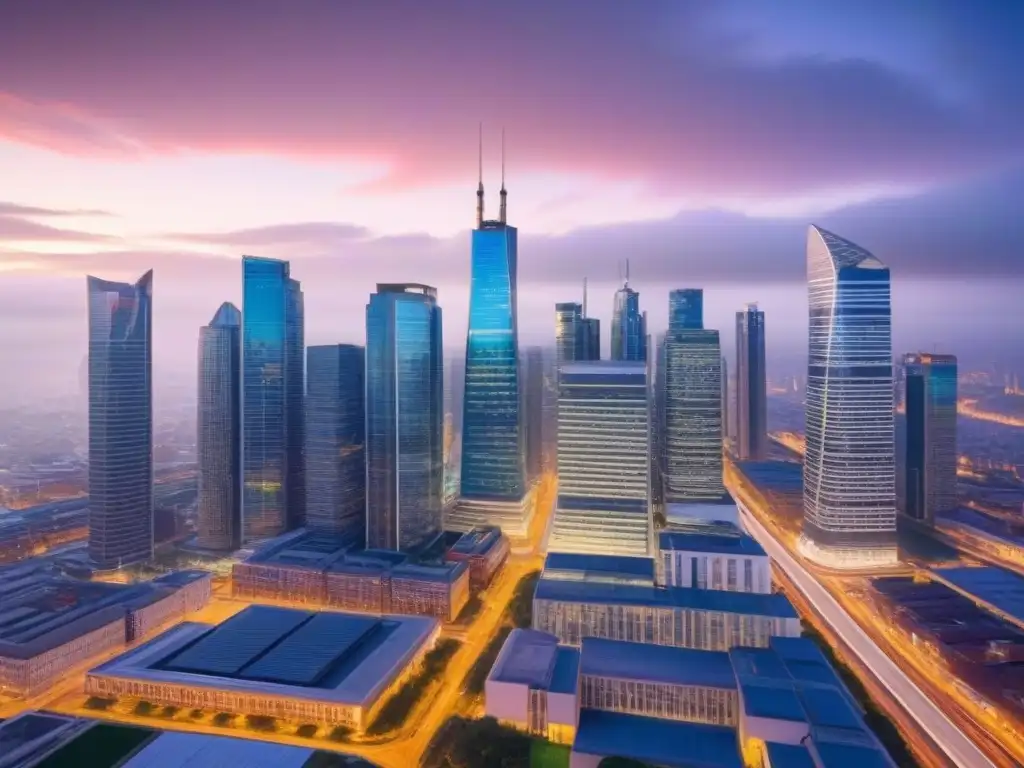 Skyline urbano en crecimiento: estrategias en entorno inflacionario Inversiones inmobiliarias en entorno inflacionario: Skyline urbano vibrante al anochecer, reflejando prosperidad y adaptabilidad profesional