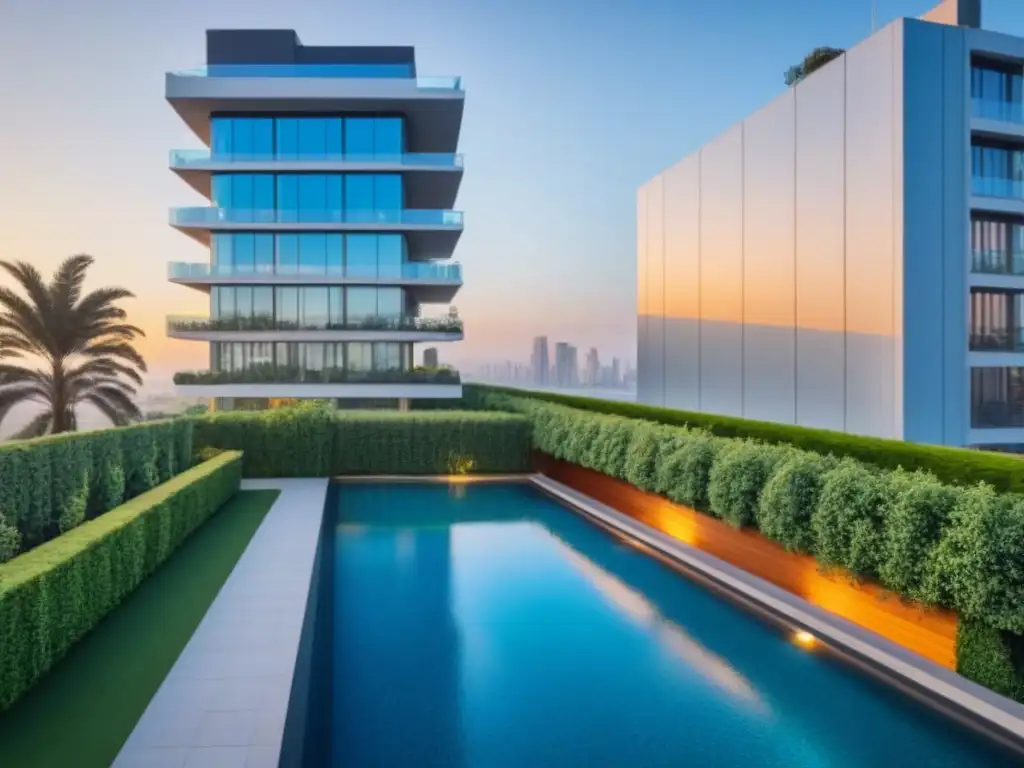 Inversión en lujo: Edificio moderno con piscina en atardecer Inversiones inmobiliarias en envejecimiento poblacional: Edificio moderno rodeado de vegetación, con grandes ventanales y atardecer lujoso