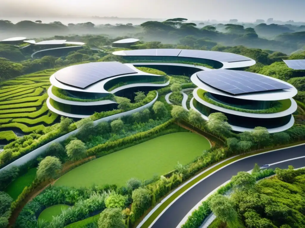 Complejo eco-amigable: arquitectura moderna en armonía con la naturaleza Inversiones inmobiliarias criterios ESG: Complejo moderno y sostenible con espacios verdes, paneles solares y senderos de ciclismo