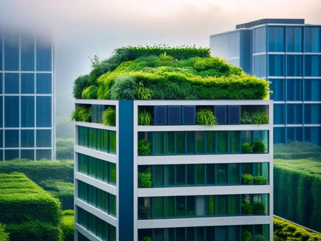 Inversiones inmobiliarias éticas internacionales: moderno rascacielos sostenible rodeado de vegetación, paneles solares y diseño ecológico