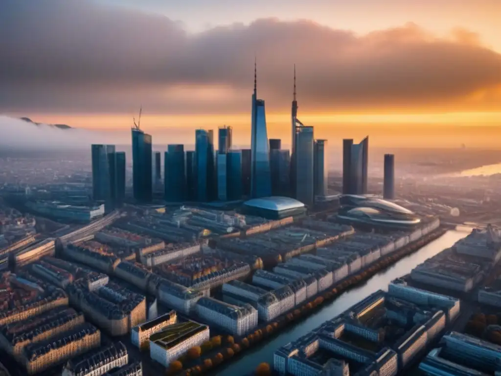 Paisaje urbano europeo al atardecer: evolución postBrexit Inversiones inmobiliarias europeas post-Brexit: Un atardecer vibrante sobre el skyline de una ciudad europea, mezcla de modernidad y tradición