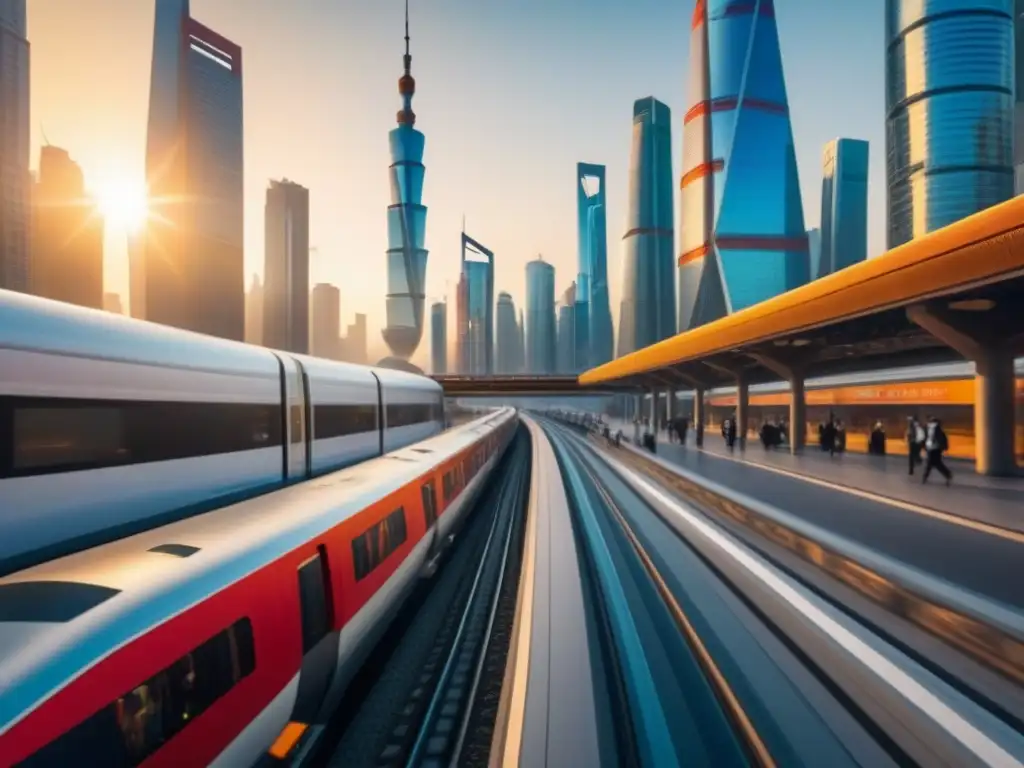 Metrópolis fusionada: inversores globales en la Ruta de la Seda Inversiones inmobiliarias en la Franja: Escena vibrante de modernidad y tradición en un distrito financiero bullicioso al atardecer
