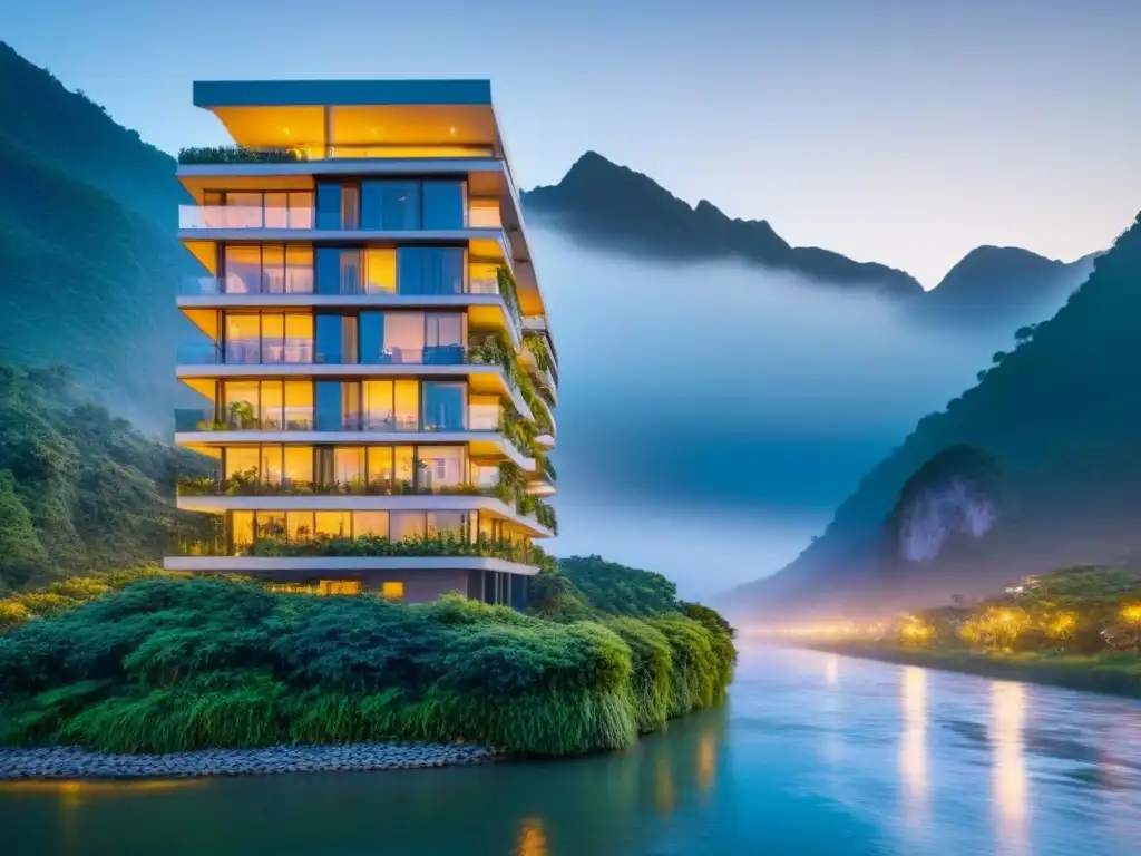 Condominio de lujo en entorno natural: inversión exclusiva Inversiones inmobiliarias fronterizas seguridad: Un complejo de lujo rodeado de naturaleza, con vistas a un río y montañas neblinosas al atardecer