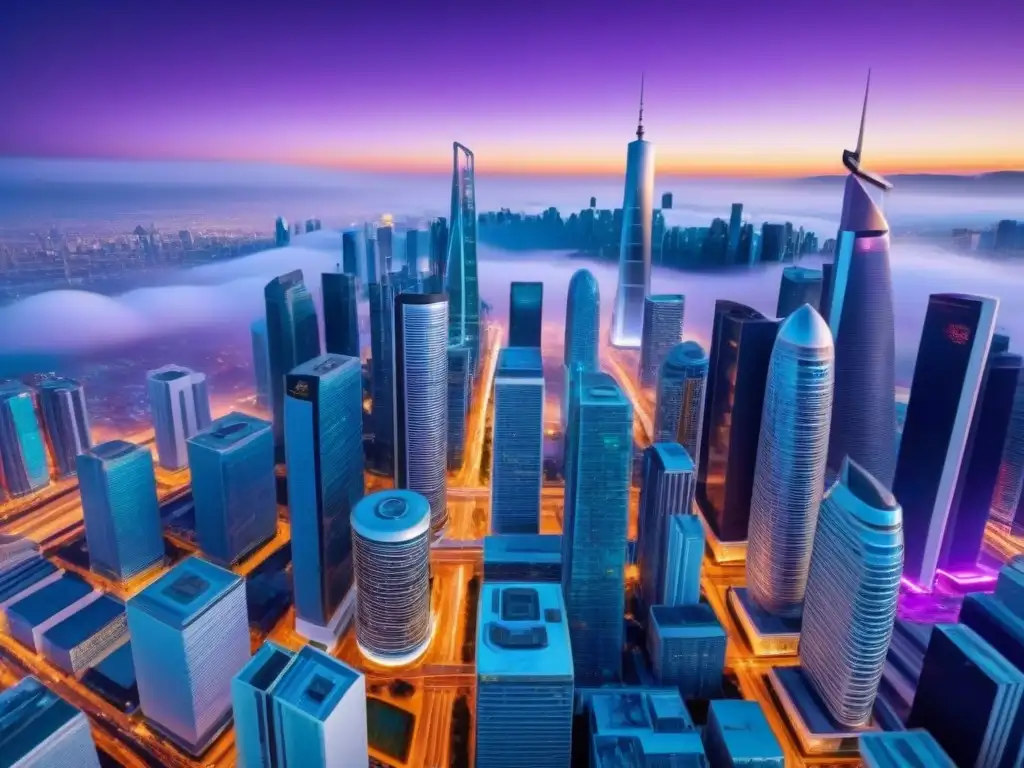 Metrópolis inteligente: avance tecnológico y eficiencia urbana Inversiones inmobiliarias en Smart Cities: Ciudad futurista con edificios inteligentes iluminados y calles llenas de vehículos autónomos al anochecer