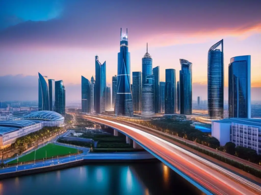 Horizonte urbano futurista al anochecer: arquitectura innovadora y tecnología en la ciudad global postBrexit Inversiones inmobiliarias post Brexit: Ciudad futurista con rascacielos innovadores iluminados, reflejando progreso y tecnología
