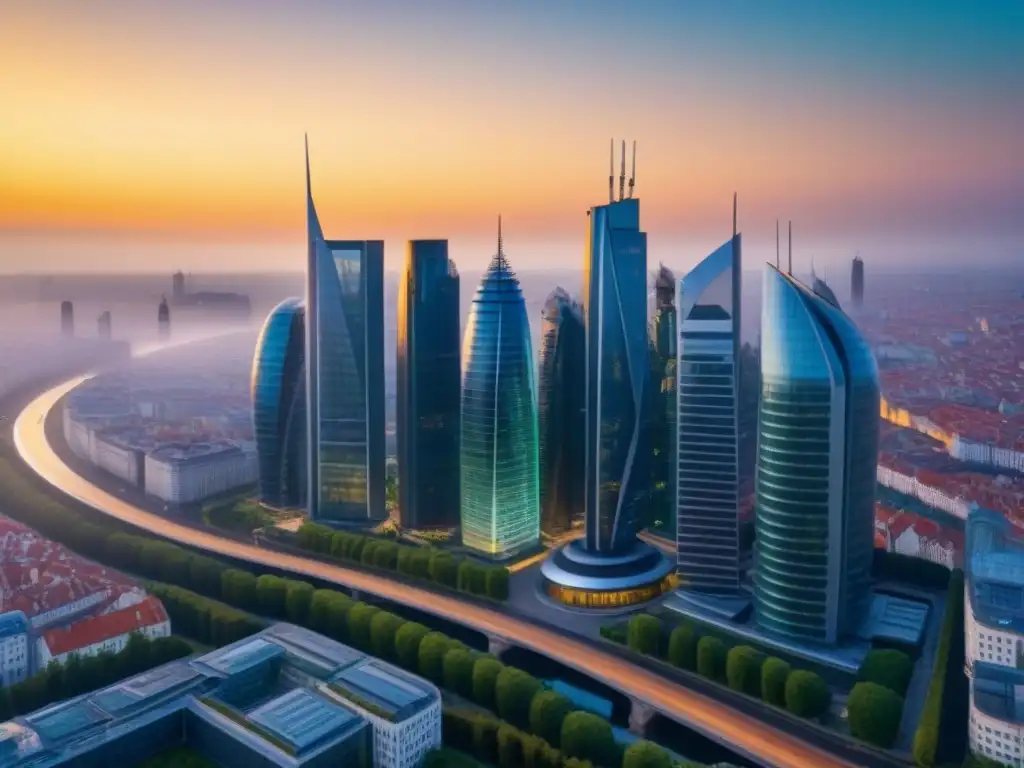 Horizonte futurista en Europa del Este: inversión inmobiliaria Inversiones inmobiliarias en Europa del Este: Futurista skyline urbano al atardecer, con rascacielos y transporte innovador