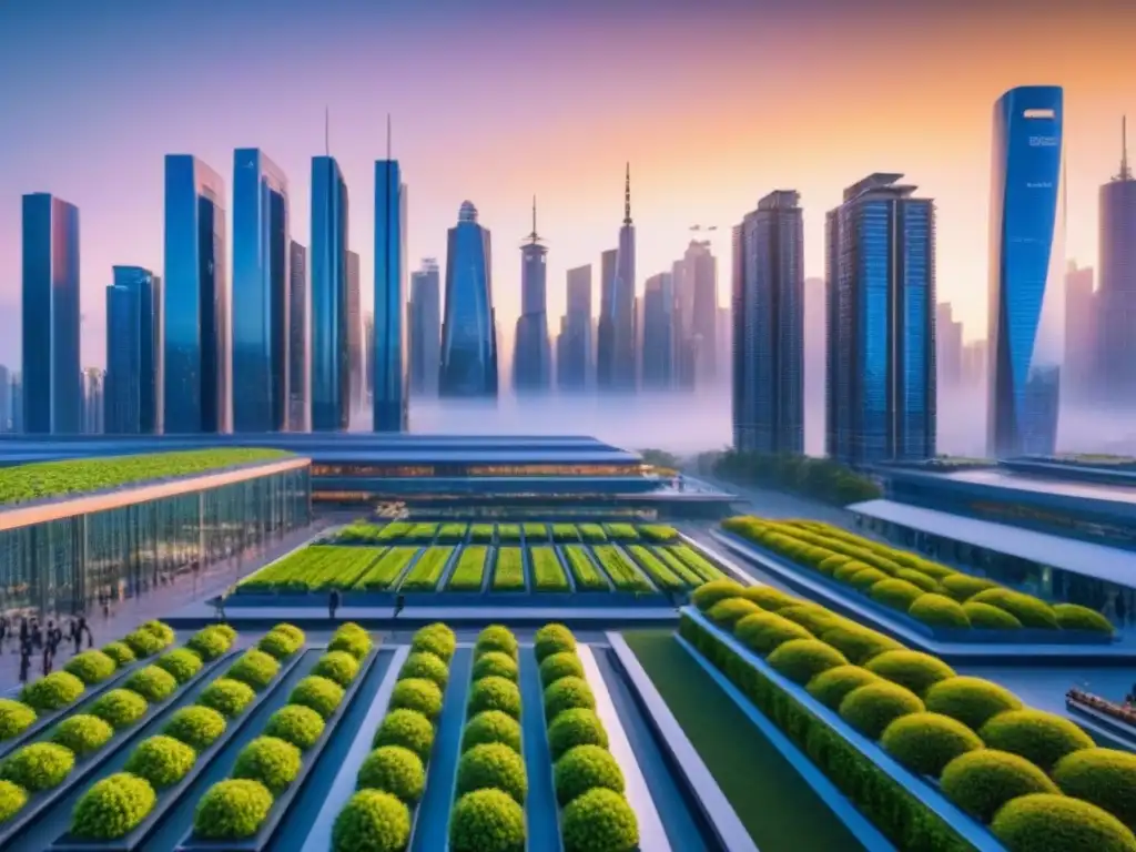 Inversiones inmobiliarias globales en auge: Ciudad futurista con rascacielos de vidrio y acero, tecnología avanzada y diseño urbano sostenible