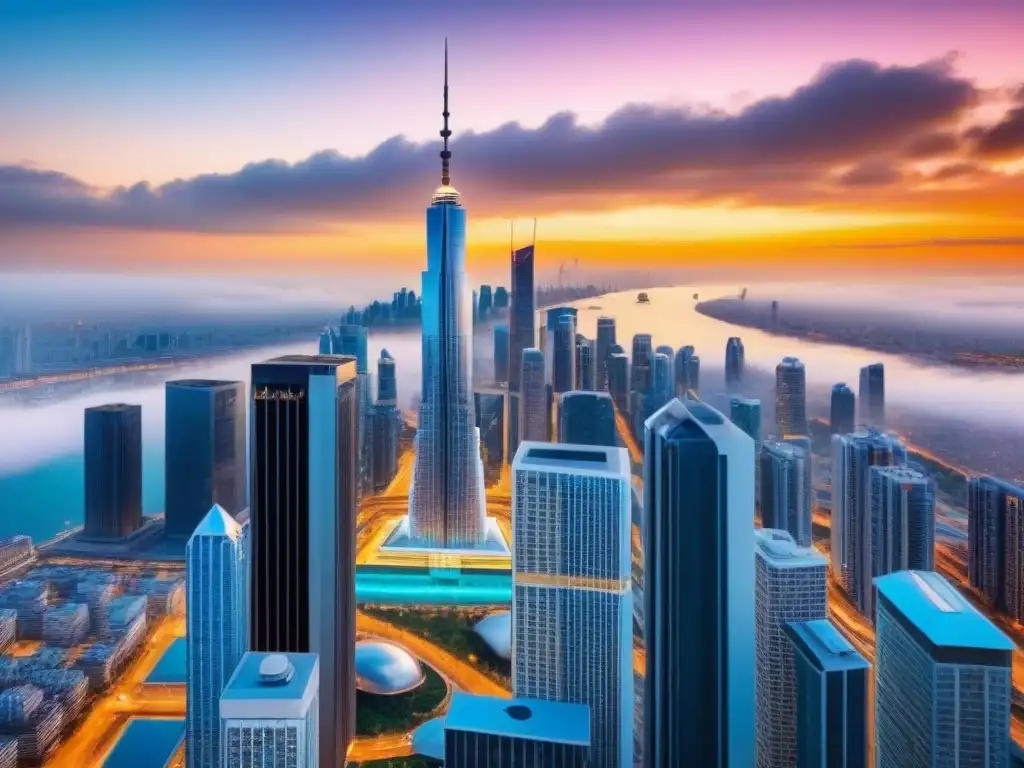 Inversiones inmobiliarias globales en auge: Vista aérea impresionante de una ciudad futurista llena de rascacielos