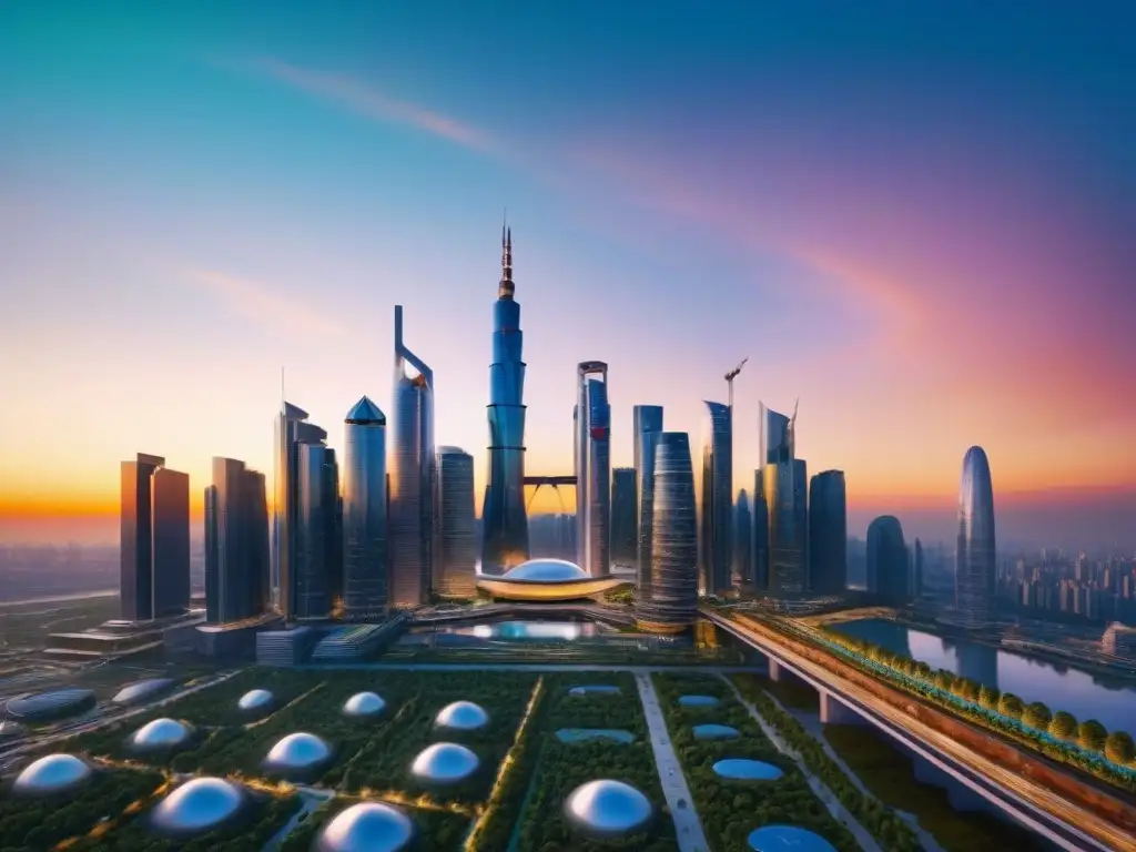 Inversiones inmobiliarias globales en auge: Futurista ciudad con rascacielos de vidrio y acero reflejando el atardecer vibrante