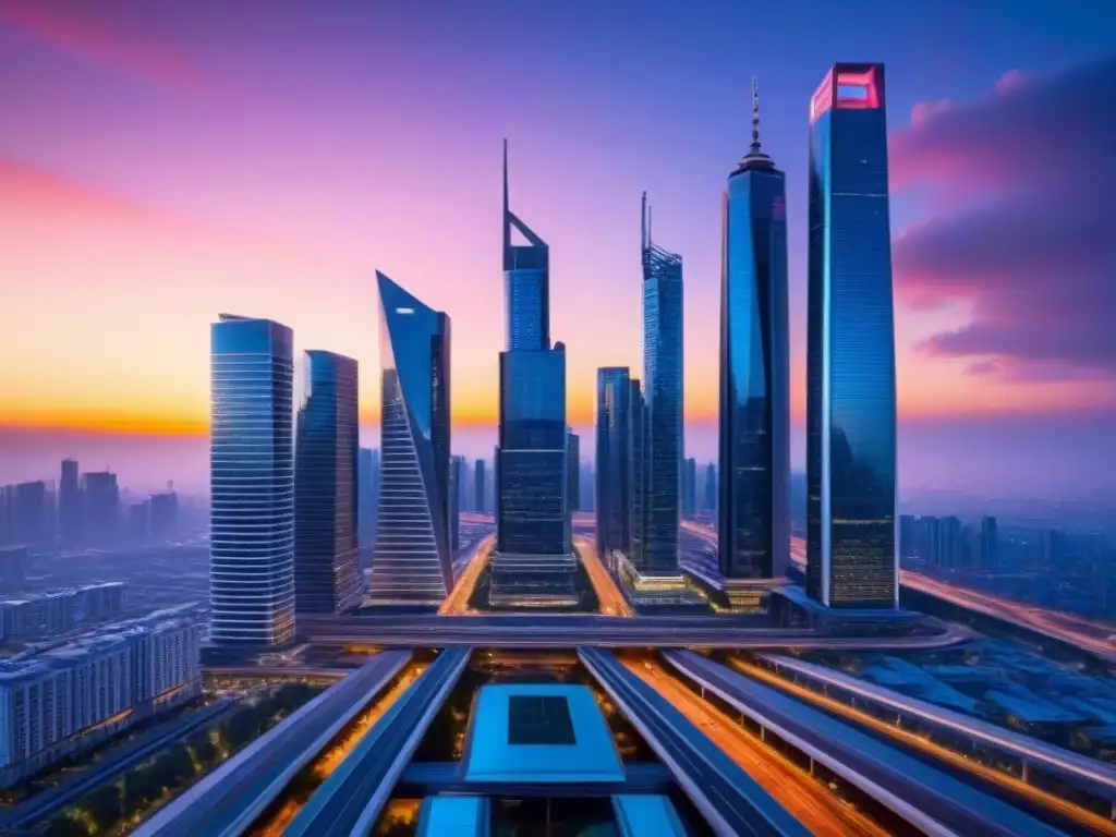 Inversiones inmobiliarias globales en auge: Ciudad futurista al atardecer, con rascacielos iluminados y autos voladores