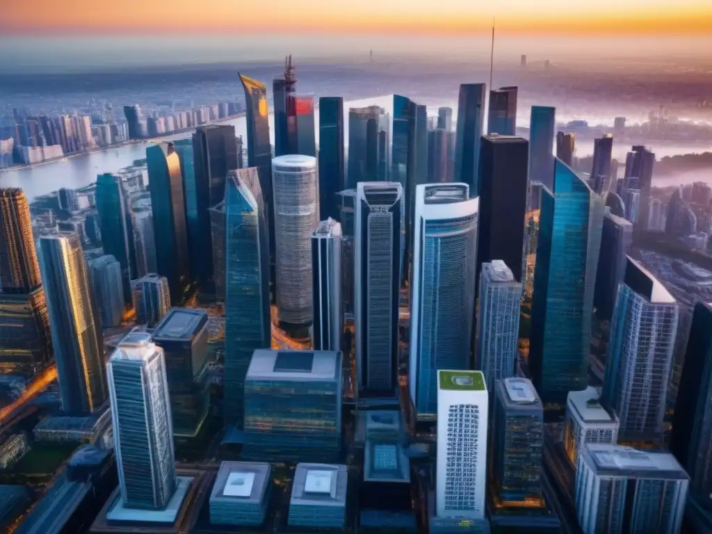 Horizonte urbano global: Inversiones inmobiliarias con REITs Inversiones inmobiliarias globales con REITs: Ciudad cosmopolita con rascacielos en hora dorada