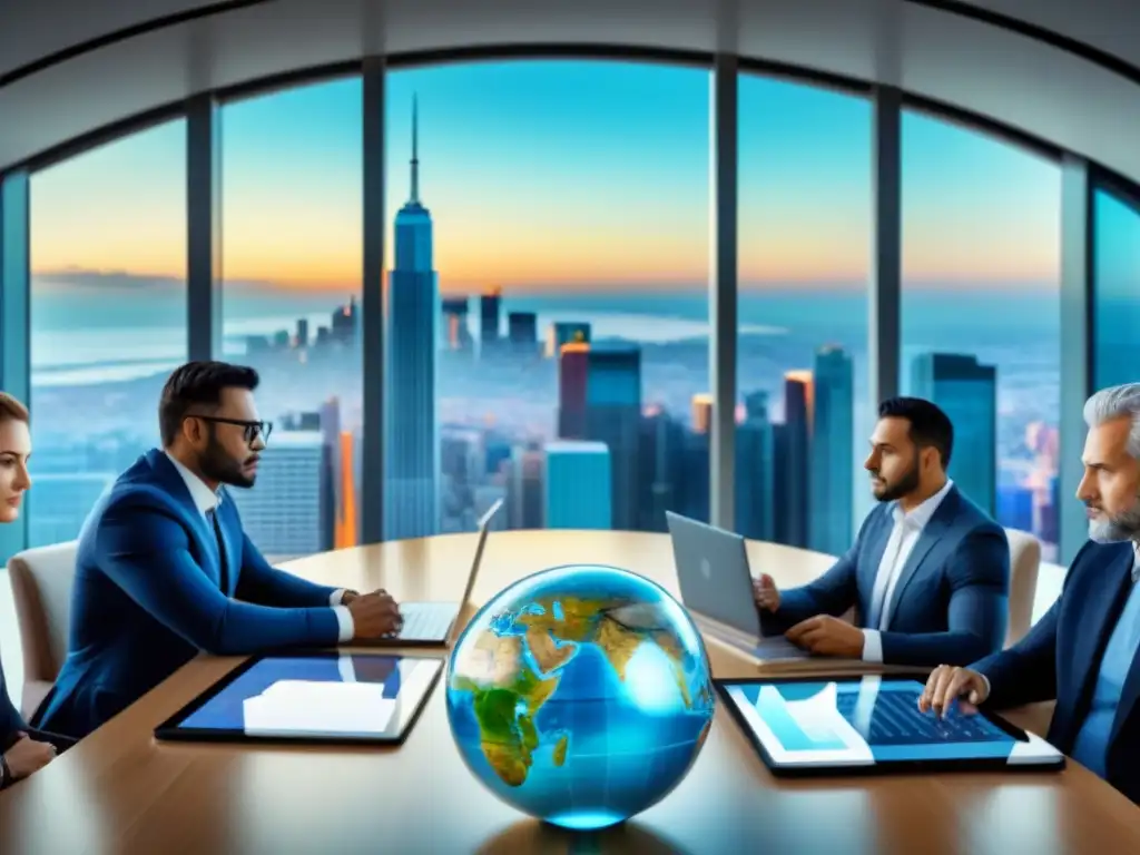 Inversionistas globales exitosos analizan REITs en holograma futurista Inversiones inmobiliarias globales con REITs: Grupo diverso de inversores exitosos analizando datos financieros en un futurista entorno de negocios