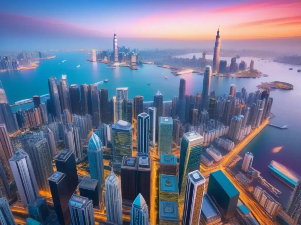 Horizonte global: luces y arquitectura en atardecer vibrante Inversiones inmobiliarias globales con REITs: Vista aérea de icónicos rascacielos de ciudades financieras al atardecer