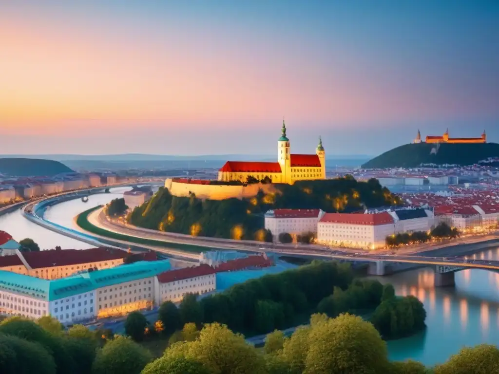 Bratislava: horizonte futurista y castillo histórico al atardecer Inversiones inmobiliarias en Eslovaquia: Una imagen futurista de Bratislava con rascacielos modernos y edificios históricos