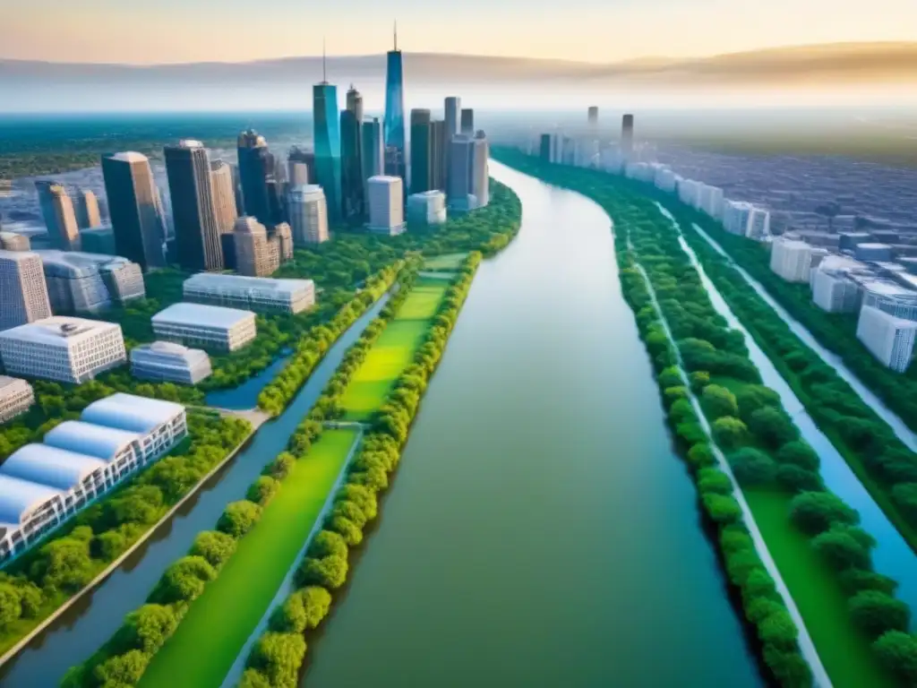 Cityscape vibrante: inversión inmobiliaria social en América del Norte Inversiones inmobiliarias impacto social Norteamérica: Ciudad moderna con rascacielos, parques verdes y río en su paisaje urbano