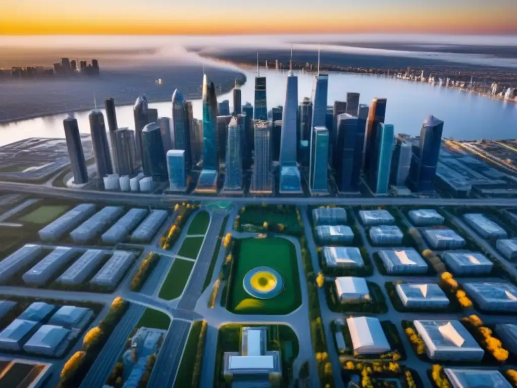 Horizonte futurista: innovación en real estate en América del Norte Inversiones inmobiliarias innovadoras en Norteamérica: atardecer en una ciudad futurista con rascacielos y espacios verdes