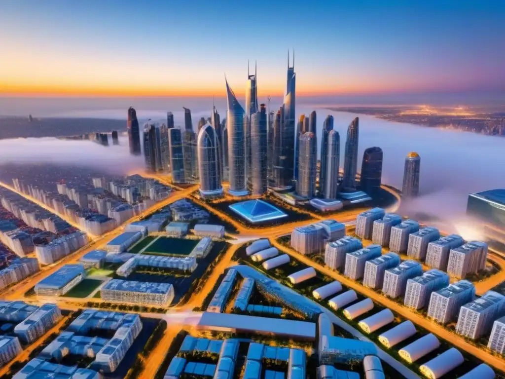 Futurista metrópolis en América del Norte: innovación y diseño urbano Inversiones inmobiliarias innovadoras en Norteamérica: ciudad futurista con rascacielos, espacios verdes y diseño arquitectónico innovador
