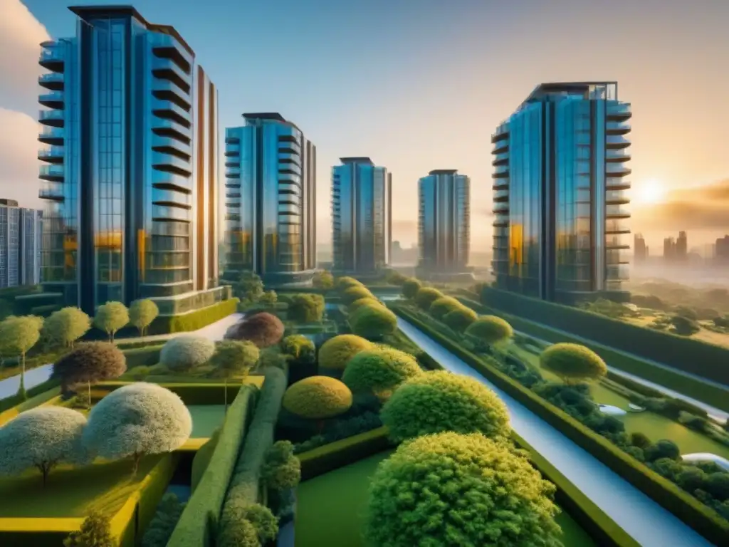 Desarrollo residencial futurista: lujo y sostenibilidad en armonía Inversiones inmobiliarias integradas globales: Desarrollo residencial futurista con edificios modernos y naturaleza exuberante al atardecer