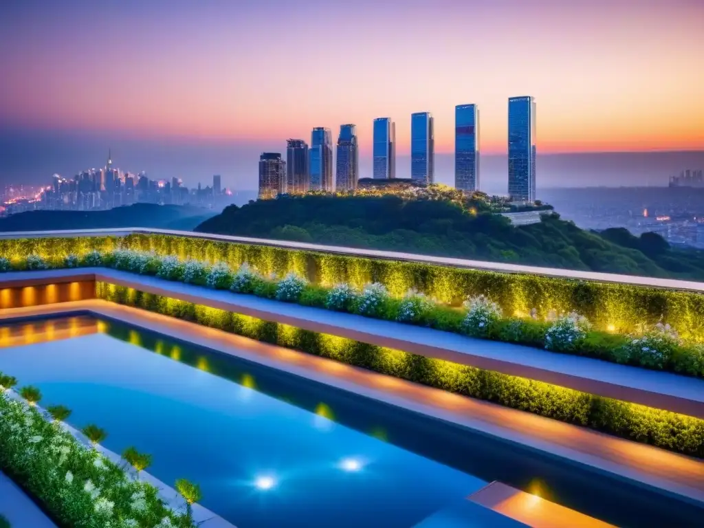 Desarrollo residencial de lujo en ciudad moderna al atardecer Inversiones inmobiliarias integradas globales en un desarrollo residencial moderno y lujoso al atardecer