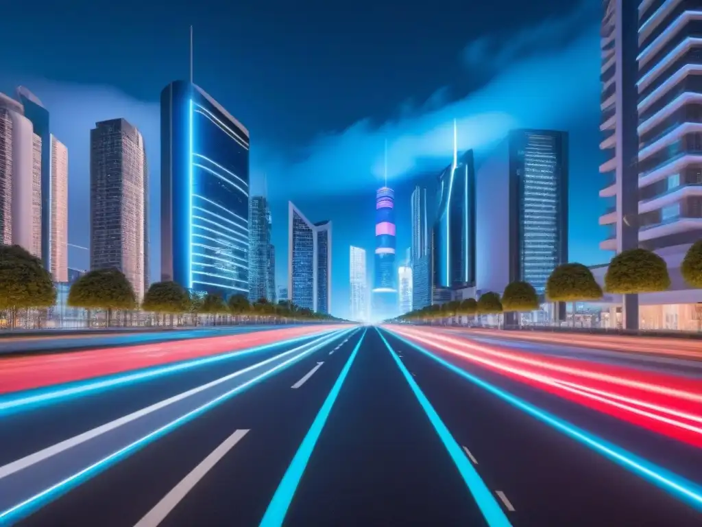 Inversiones inmobiliarias inteligencia artificial: Ciudad futurista de noche, luces neón, drones y tecnología avanzada