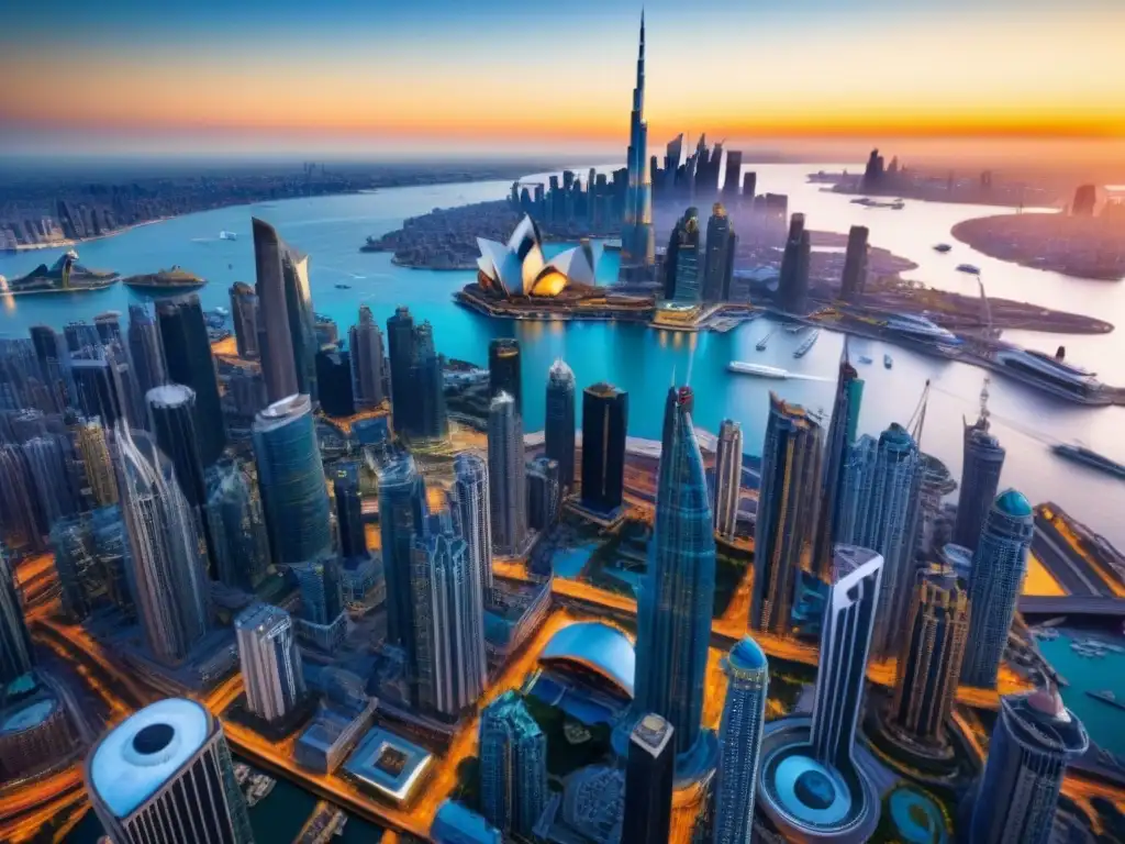 Inversiones inmobiliarias globales: horizonte urbano diverso en 8k Inversiones inmobiliarias internacionales 2021: Skyline global al atardecer con icónicos edificios de todo el mundo