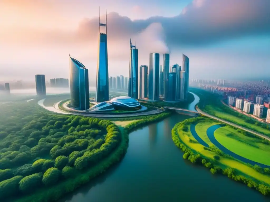 Horizonte urbano futurista: oportunidades de inversión postpandemia Inversiones inmobiliarias internacionales post-pandemia: Visión aérea de una ciudad futurista con rascacielos modernos y parques verdes