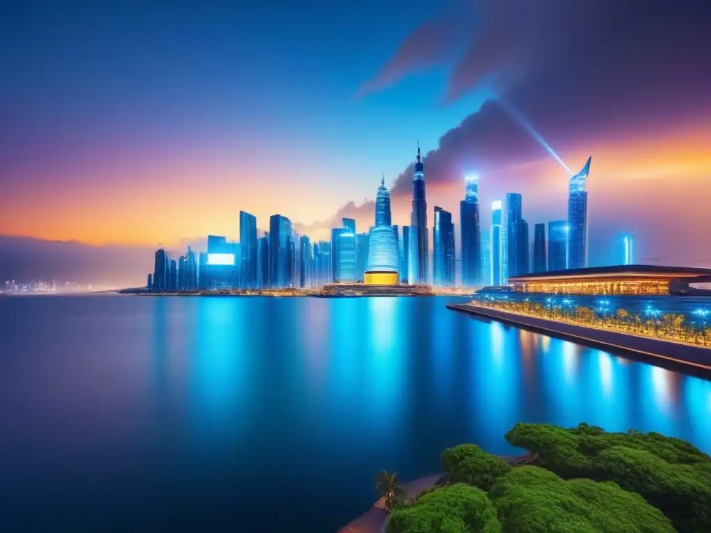 Skyline futurista nocturno en 8k: luces vibrantes y diseño innovador Inversiones inmobiliarias internacionales análisis predictivo: skyline futurista nocturno con rascacielos iluminados y reflejos en el agua