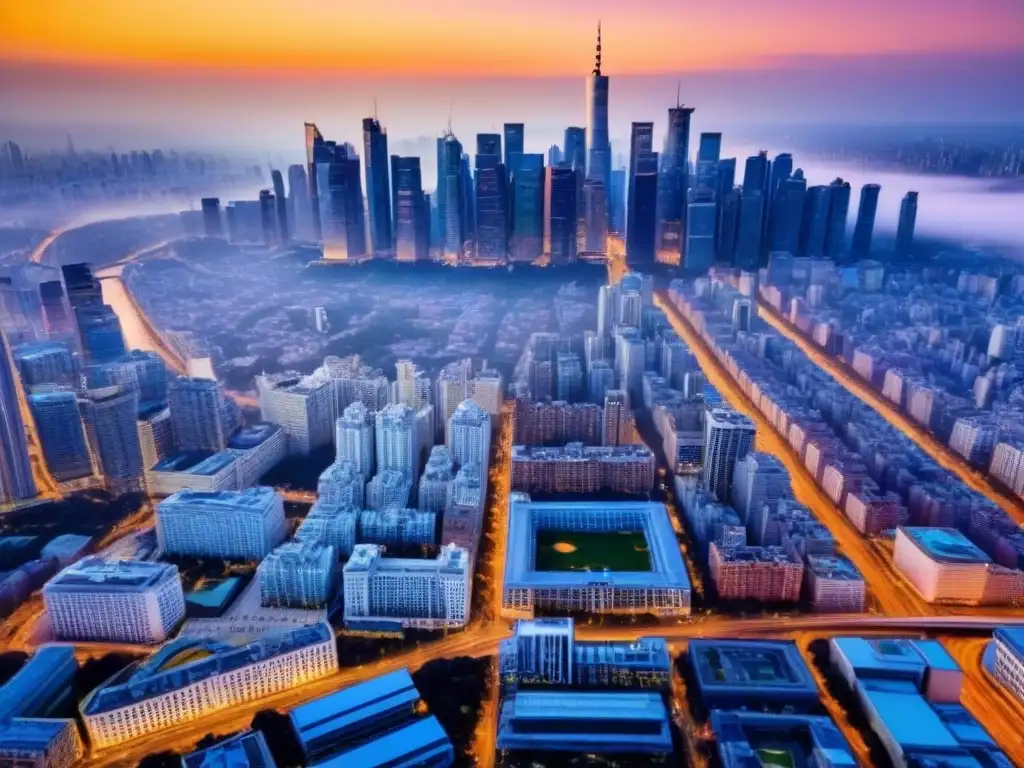 Metrópolis vibrante al atardecer: arquitectura moderna y tráfico Inversiones inmobiliarias internacionales en áreas metropolitanas: atardecer vibrante sobre bulliciosa ciudad con rascacielos y tráfico