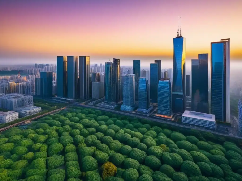Metrópolis moderna al atardecer: éxito y ambición en la ciudad Inversiones inmobiliarias internacionales en áreas metropolitanas: Ciudad moderna con rascacielos al atardecer y profesionales exitosos