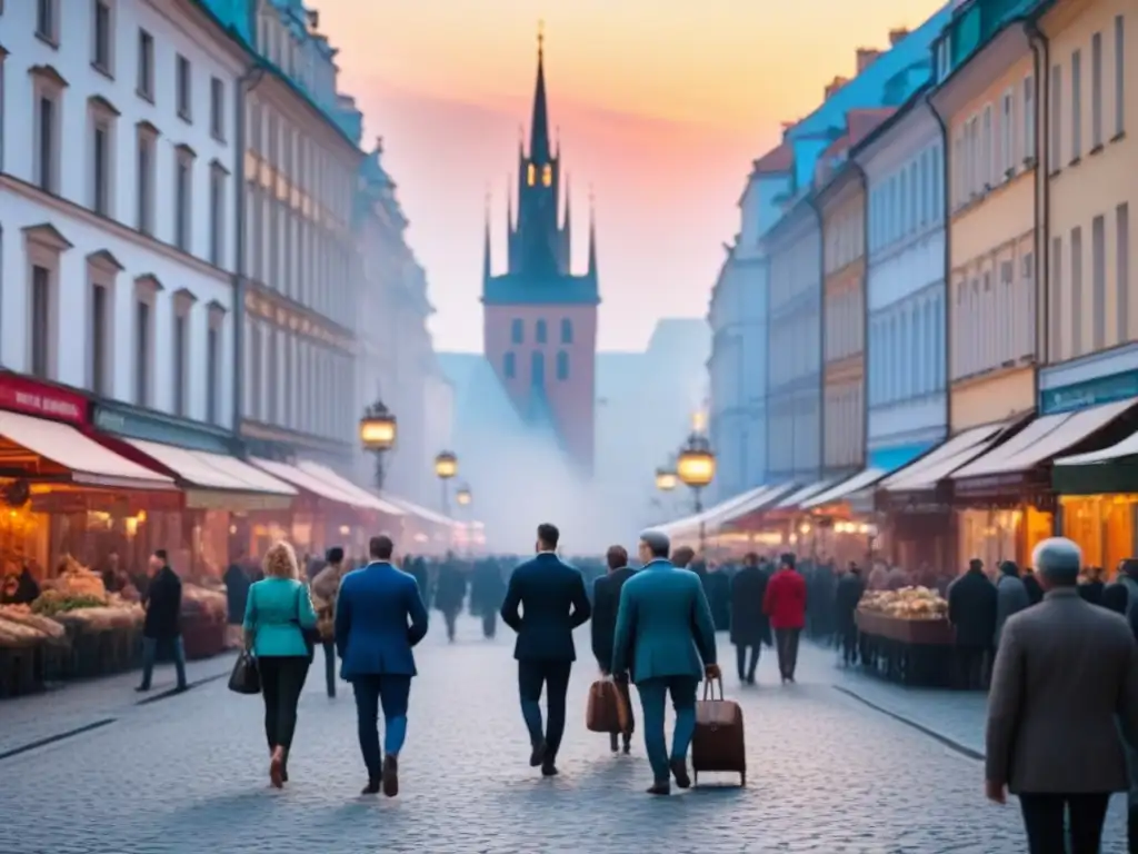 Horizonte vibrante: ciudad de Europa del Este con historia y modernidad Inversiones inmobiliarias internacionales Europa Este: Atardecer en una ciudad del Este de Europa, con mezcla de arquitectura histórica y moderna, gente diversa en las calles y un vibrante mercado inmobiliario