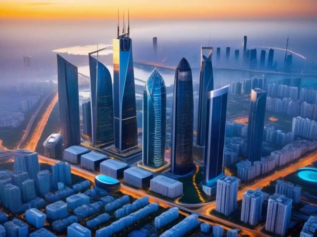 Metrópolis futurista: diseño sostenible y progreso urbano Inversiones inmobiliarias internacionales postCOVID: Una ciudad futurista con rascacielos reflectantes bajo la luz dorada del atardecer