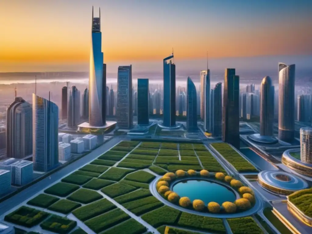 Metrópolis futurista: arquitectura innovadora y vida activa Inversiones inmobiliarias internacionales en una ciudad futurista con arquitectura innovadora y población variada al atardecer