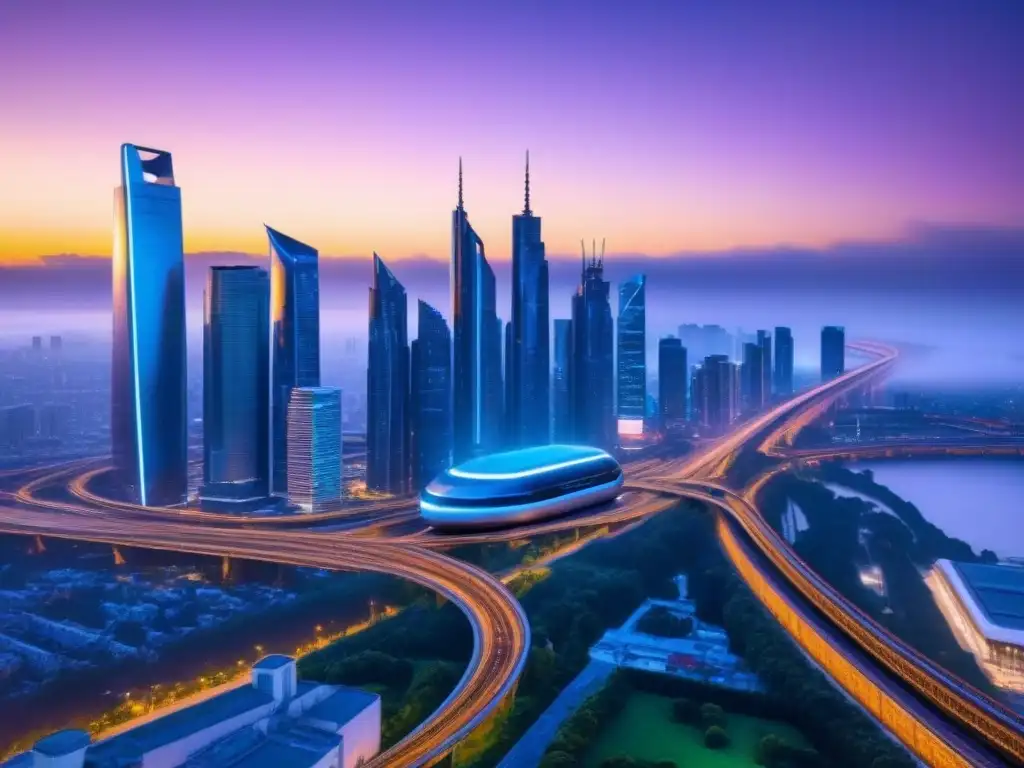 Metrópolis futurista: luces y avance tecnológico Inversiones inmobiliarias internacionales 2023: Ciudad futurista con rascacielos brillantes y avanzada infraestructura tecnológica en el atardecer