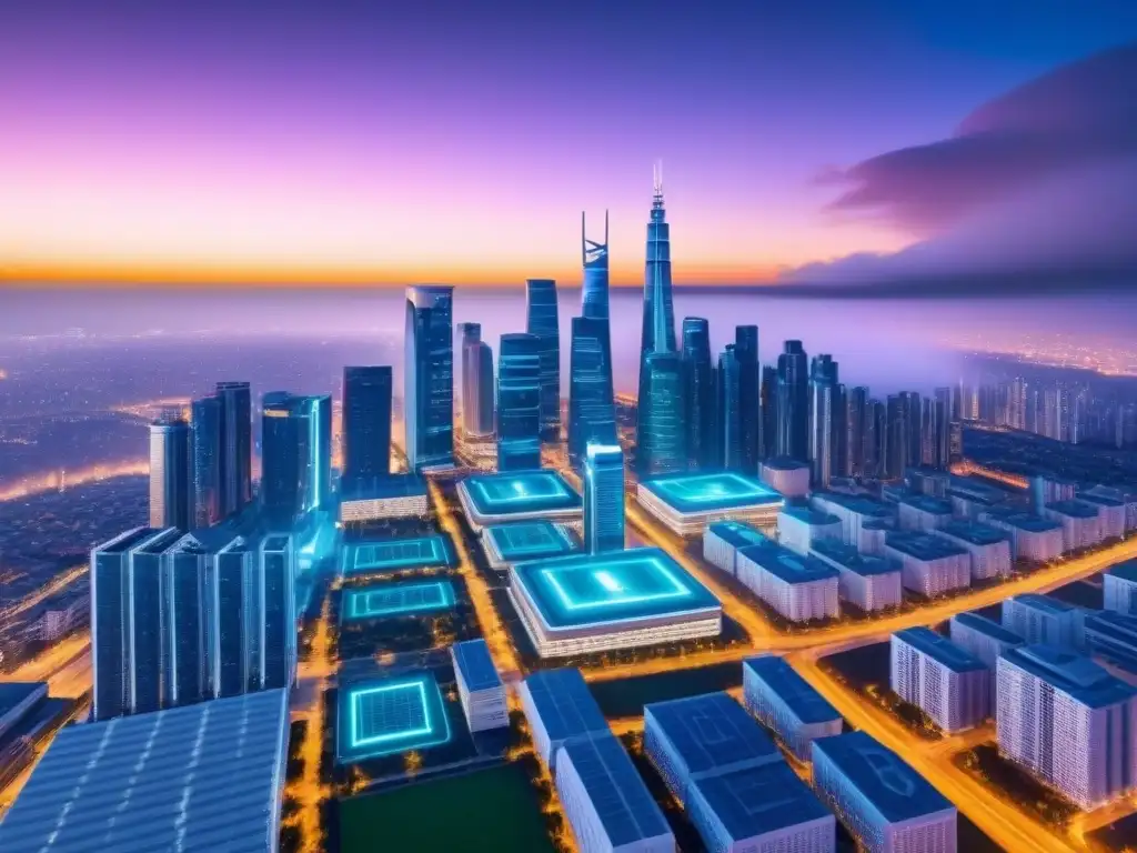Metrópolis futurista: IoT ilumina edificios inteligentes y eficientes Inversiones inmobiliarias internacionales con IoT: Una ciudad futurista de noche con edificios inteligentes interconectados y tecnología avanzada