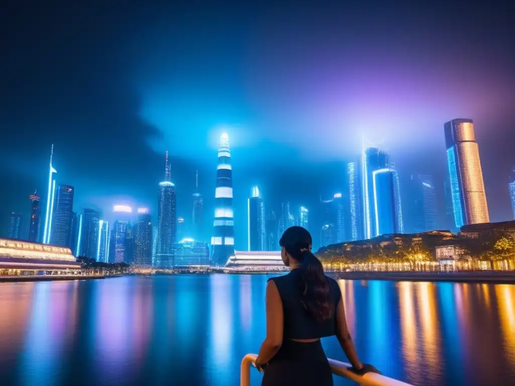 Innovación inmobiliaria: ciudad futurista con luces neón Inversiones inmobiliarias internacionales PropTech: Ciudad futurista de noche con rascacielos iluminados por luces de neón, reflejándose en el agua