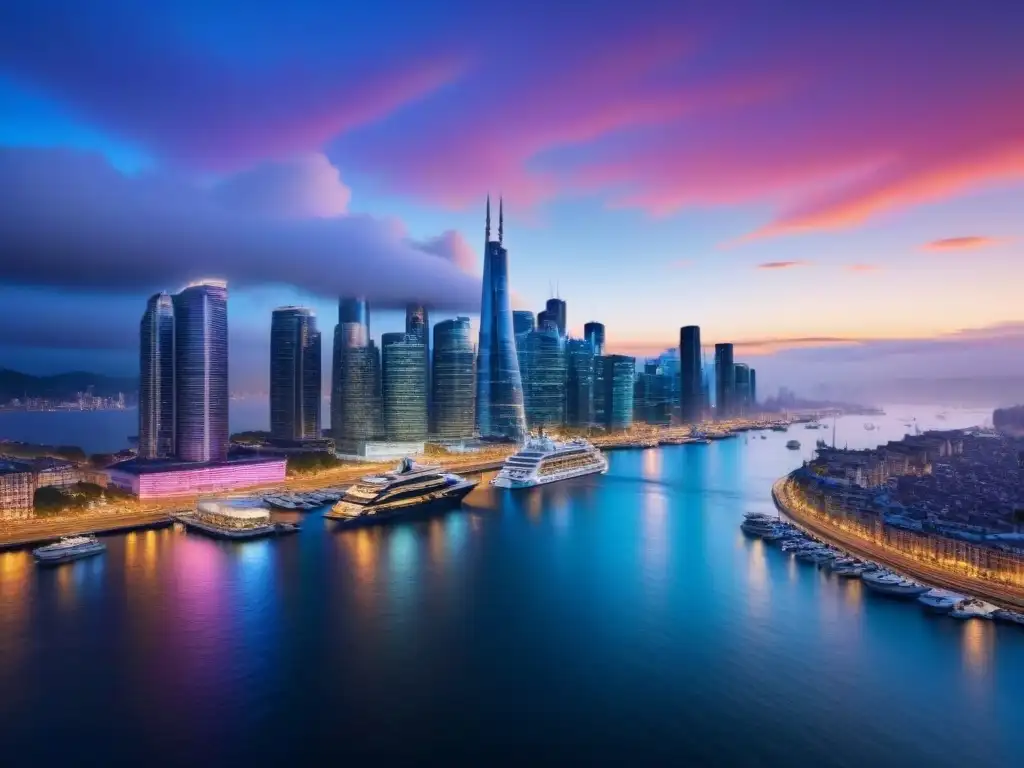 Cityscape de luces: oportunidades de inversión inmobiliaria para millennials Inversiones inmobiliarias internacionales para milenials: ciudad moderna con rascacielos vibrantes y una red de autopistas dinámica al atardecer