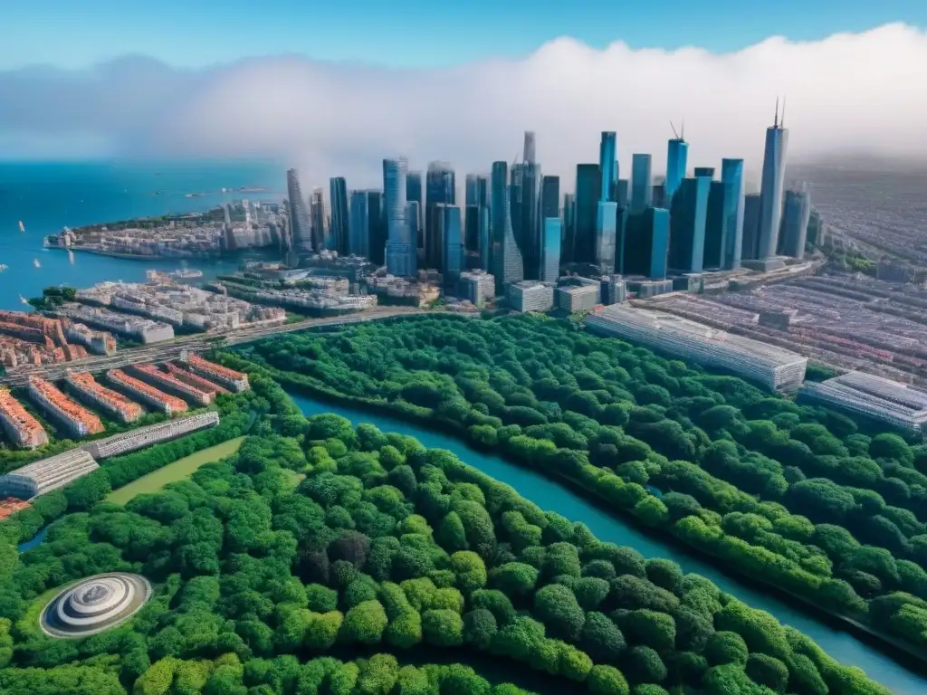 Metrópolis vibrante: modernidad y tradición en skyline urbano Inversiones inmobiliarias internacionales conscientes: Vista aérea de una ciudad vibrante con rascacielos modernos y edificios históricos