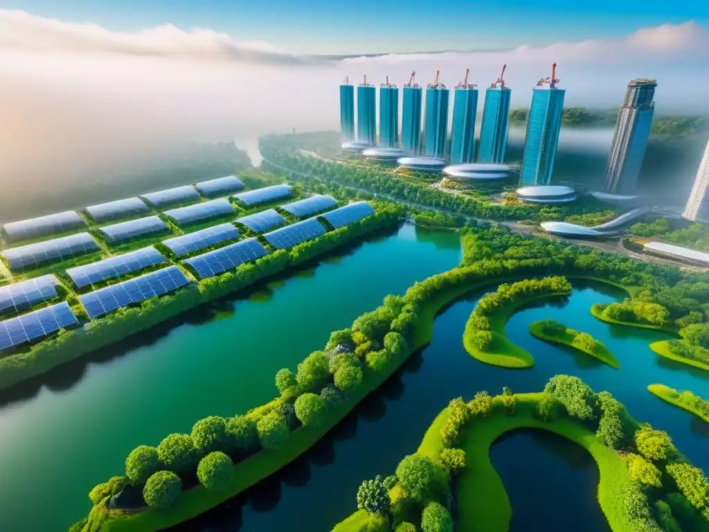 Vista aérea impresionante de ciudad sostenible innovadora Inversiones inmobiliarias internacionales conscientes: Impresionante vista aérea de una ciudad sostenible con edificios verdes y tecnología eco