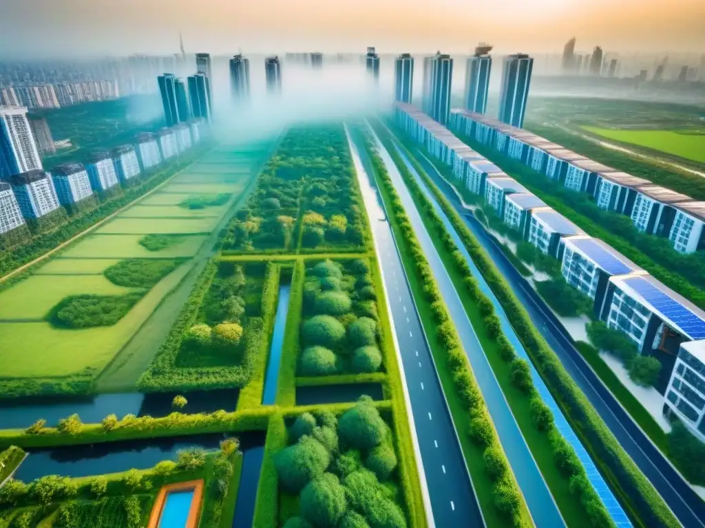 Proyecto urbano sostenible: armonía entre naturaleza y modernidad Inversiones inmobiliarias internacionales conscientes: Proyecto urbano sostenible con edificios modernos rodeados de espacios verdes y paneles solares
