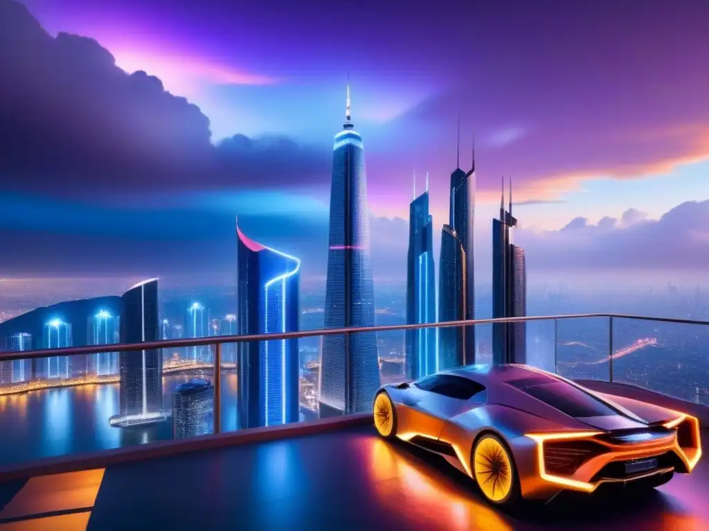 Cityscape futurista con rascacielos relucientes y coches voladores Inversiones inmobiliarias internacionales con criptomonedas: Una ciudad futurista de rascacielos relucientes y lujo