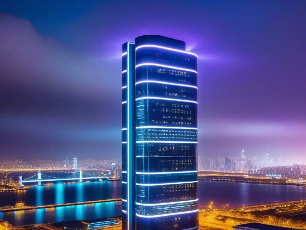Edificio de lujo con IA y criptomonedas en la noche Inversiones inmobiliarias internacionales con criptomonedas: Edificio de lujo con tecnología AI y datos de mercado