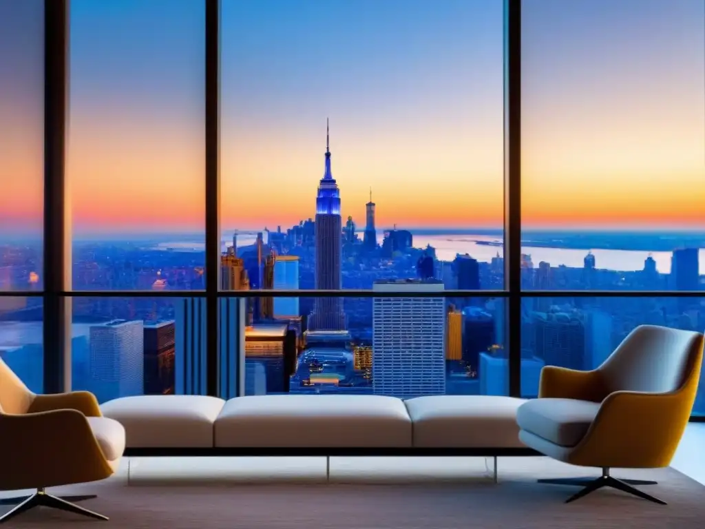 Penthouse de lujo con vista a la ciudad al atardecer Inversiones inmobiliarias internacionales durante crisis: lujoso ático moderno con vista a la ciudad al atardecer, decoración elegante y sofisticada