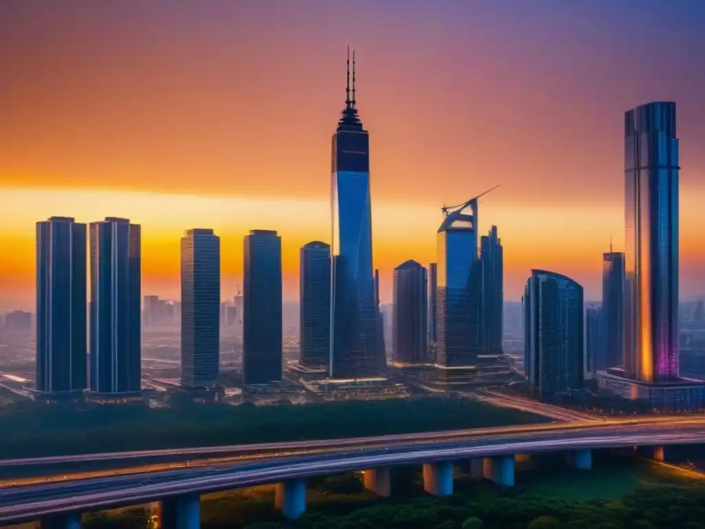 Horizonte urbano moderno al atardecer: progreso y sofisticación Inversiones inmobiliarias internacionales criterios ESG: Una ciudad vibrante al atardecer, con rascacielos modernos y calles llenas de vida