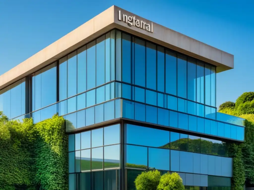 Edificio ecoamigable y lujoso: inversión sostenible en real estate Inversiones inmobiliarias internacionales con criterios ESG: Edificio moderno rodeado de naturaleza, paneles solares y fachada de vidrio